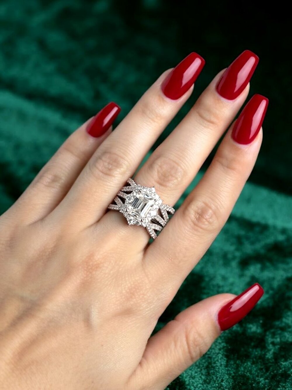 High Carbon CZ Emerald Cut Halo Criss Cross Ring 14K White Gold Plated Size 7